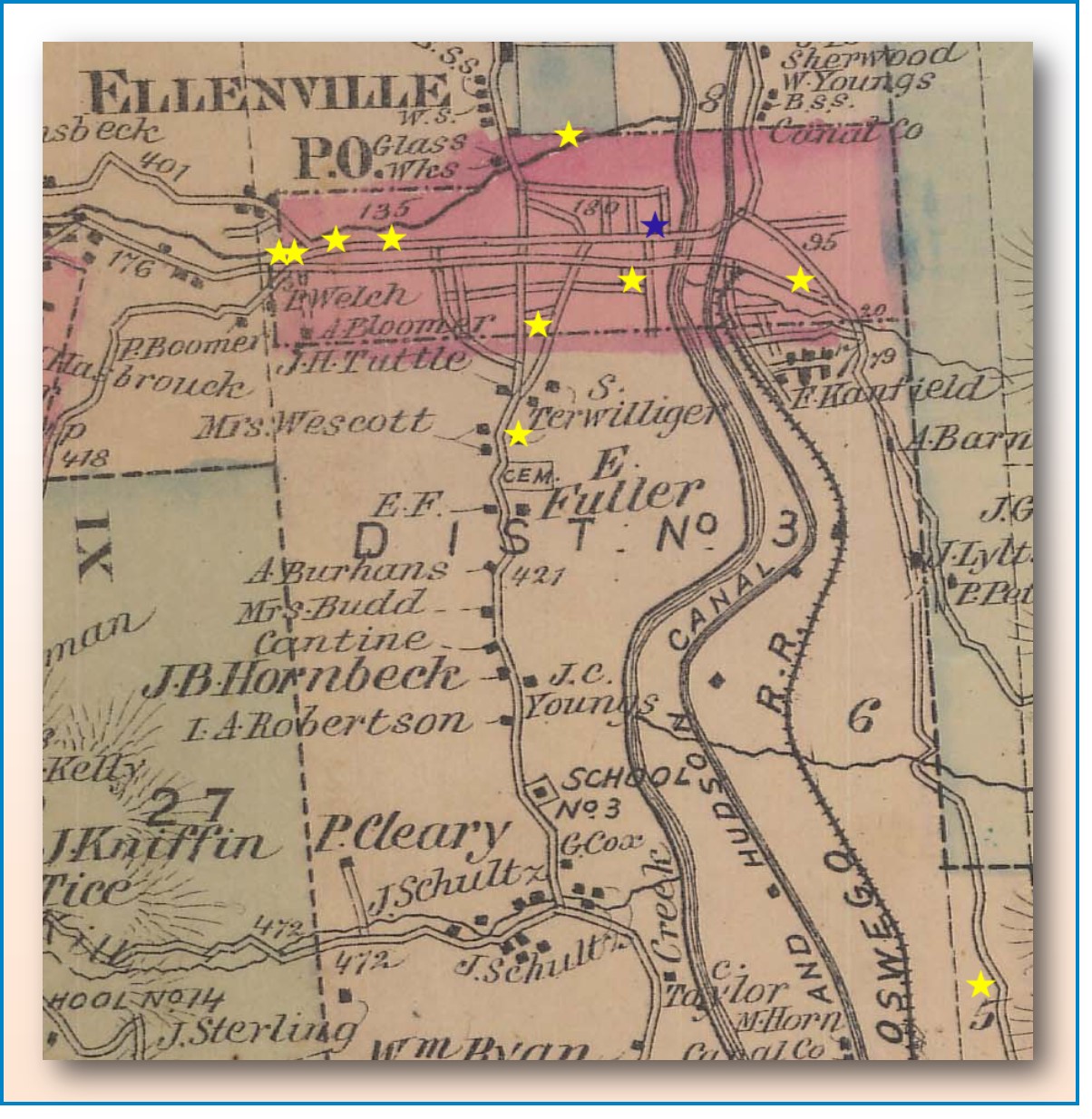 Town of Wawarsing Map with Stars (1875)
