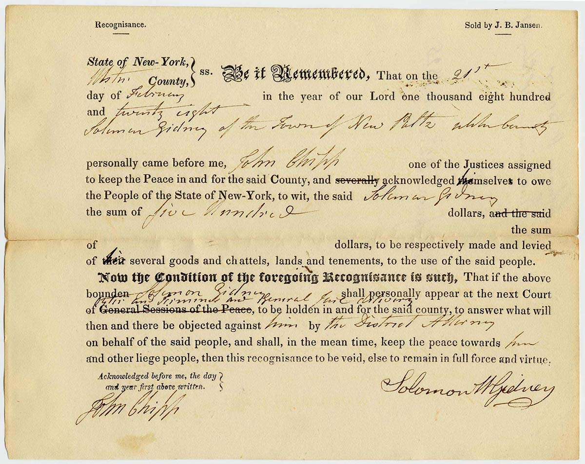 Recognizance for Solomon Gidney, 1828 | Ulster County Clerk